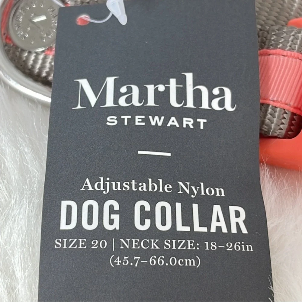 NWT Martha Stewart Adjustable Nylon Dog Collar Coral / Gray Various Sizes